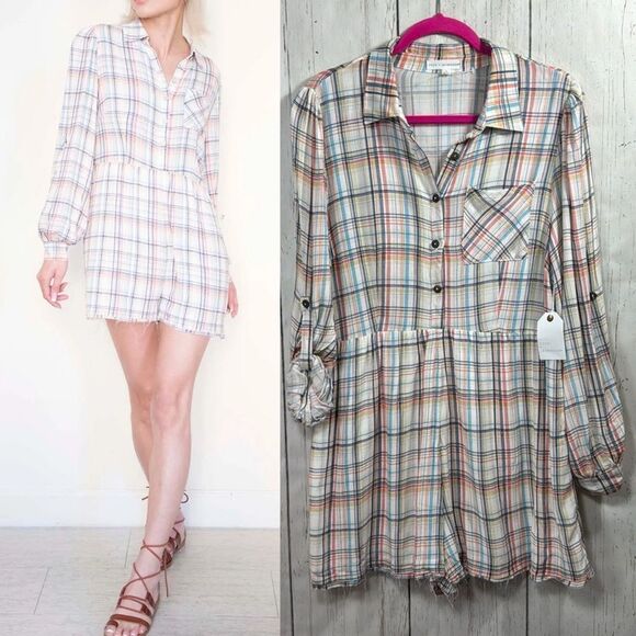 Coco + Jaimeson Plaid Long Sleeve Button Front Romper Multicolor Check Size L - Picture 1 of 16